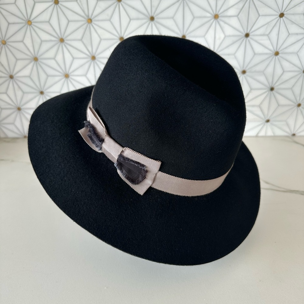 Genie by Eugenia Kim Black Wool Fedora with Gray Bow, One Size, EUC